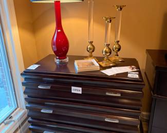 Wooden Nightstand, Decorative Lamps, Candle Holders