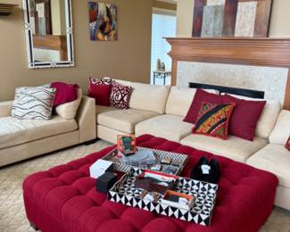 Red Ottoman, Decorative Trays, Decorative Pillows 