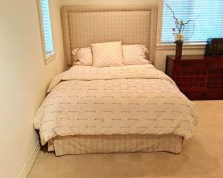 PAIR OF FULL SIZE BEDS WITH COTTON HEAD BOARDS . COMPLETE WITH BEDDING- WILL SELL INDIVIDUALLY