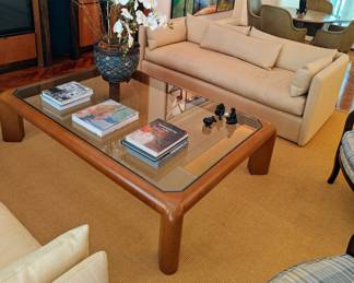 KARL SPRINGER MARK II COFFEE TABLE EXECUTED IN COGNAC LEATHER AND GUNMETAL ACCENT WITH GLASS TOP