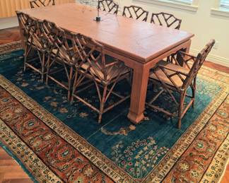 DINING TABLE, CHAIRS AND WONDERFUL FINELY HANDWOVEN CARPET