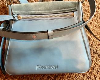 68. J.W. Anderson Disc Bag in Blue Suede and Leather with Silver Barbell Hardware