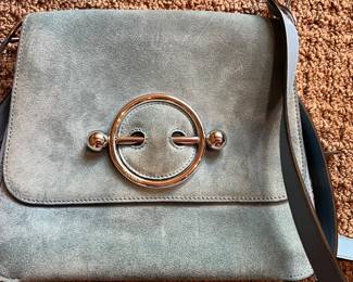 68. J.W. Anderson Disc Bag in Blue Suede and Leather with Silver Barbell Hardware