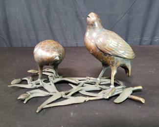 Vintage bronze quails sculpture