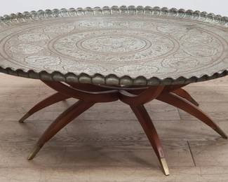 Vintage 2-piece Moroccan engraved brass tray coffee table