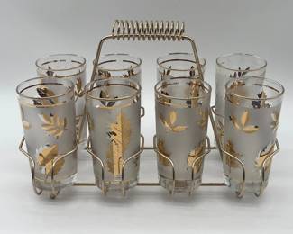 12 LibbeyMidCenturyGoldenFoliageFrostedTumblerswMatchingCarrier