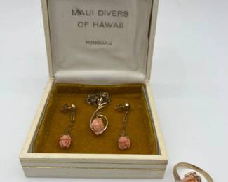45 MauiDiversofHawaiiPinkCoralPearlRingPendantEarringSet
