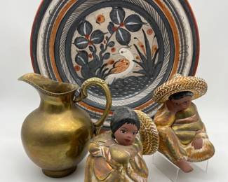53 MexicanPotteryPlatterFigurinesandBrassPitcherLot