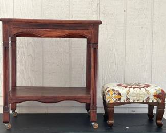 74 AntiqueWoodenSideTablewithWheelsSmallNailheadFootStool