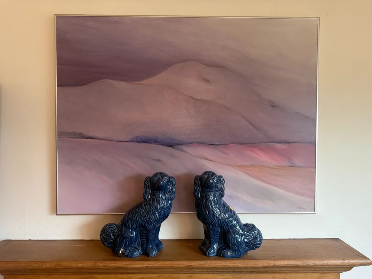 Dwight A. Eberly Original Oil On Canvas 2002, Antique Staffordshire Wood Ceramic Blue Dogs
