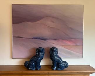 Dwight A. Eberly Original Oil On Canvas 2002, Antique Staffordshire Wood Ceramic Blue Dogs