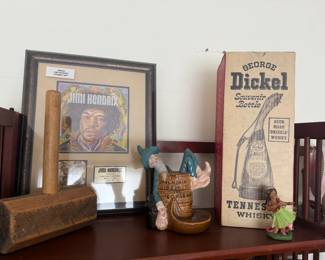 Framed Jimi Hendrix Poster, George Dickel Souvenir Bottle