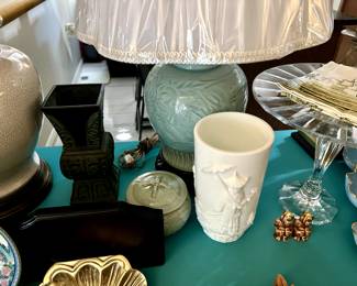 Celadon lamp and matching celadon candy dish. Fenton white milk glass Asian Empress Yang Yang vase. Really tall crystal cake plate.