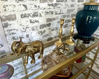 Vintage brass elephant, 2 grass hoppers and twisted candlesticks.