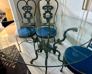 Gallo Original Iron Works Park Avene, NY Hollywood Regency style patio table and 4 original upholstered chairs.