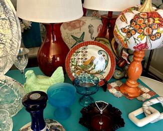 Fenton red hobnail candy server. Pusser's military themed decanter. Jade milk glass hen on nest.