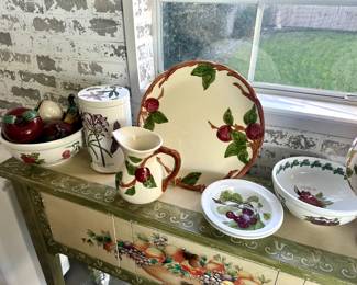 Portmerion Botanical fruit serving bowls and canister. Franciscan Apple platter and pitcher.