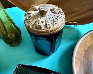 Rare vintage black milk glass hand carved lid humidor.