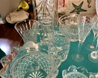Waterford crystal. Large signed Overton Vase and small Overton vase. Lismore biscuit barrel/no lid.