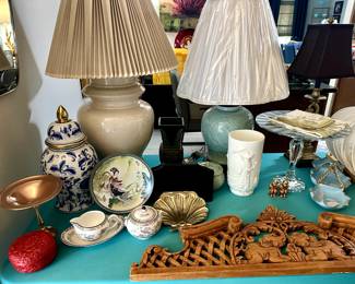 Cinnabar carved box. Copper compote. Celadon asian urn lamp with matching candy dish. Wedgewood China Kutani Crane Cream & Sugar.