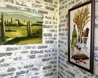 Vintage long stitch wheat and wine artwork.