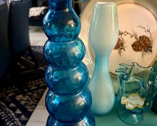 Vintage Empoli Blue Hand Blown 5 Ball Optic Ruffled Rim Art Glass Vase.