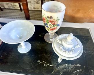 Empoli white milk glass compote. Westmoreland white milk glass Argonaut candy dish. Vintage Norleans hand painted pedestal vase.
