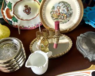 Vintage set of 4 crystal and silver plated coasters. Vintage gold metal lipstick tray.