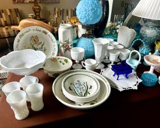 Fenton Poppy satin blue milk glass lamp.