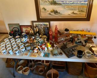 Vintage Cat Decor including B. Kliban Cat Mugs from the 70s, Baskets, and Airplane Decor