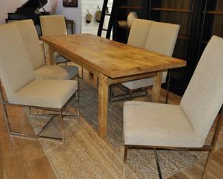 2" thick Vintage wood dining table (34" x 86") and 6 Mitchel & Gold chrome and upholstered chairs