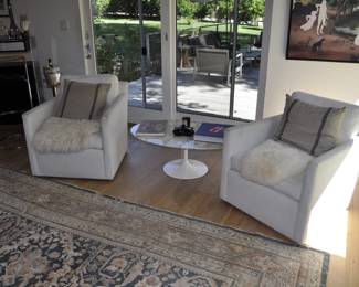 Restoration Hardware swivel chairs  - Mid Century Modern Knoll marble coffee table from Modernica designed by Eero Saarenin -- marked 1950 on the underside
