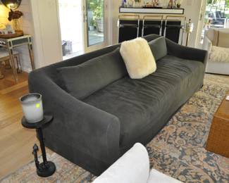 Anthropology brown leather coffee table  -  9' long custom charcoal linen coach by amber Lewis Interiors