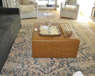Anthropology brown leather coffee table  -  9' long custom charcoal linen coach by amber Lewis Interiors