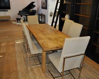 2" thick Vintage wood dining table (34" x 86") and 6 Mitchel & Gold chrome and upholstered chairs