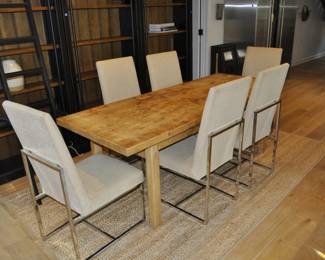 2" thick Vintage wood dining table (34" x 86") and 6 Mitchel & Gold chrome and upholstered chairs