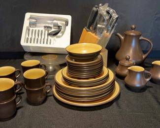 Noritake Stoneware Dishes, Cake Stand, Cake Decorating Kit, Set Of Knives,