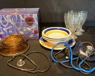 Various Glassware, Plate, Bowls, Glasses, Stethoscopes