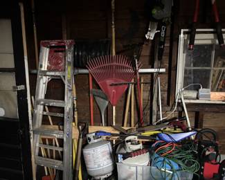 Assorted yard equipment, ladders, extension cords, etc.
