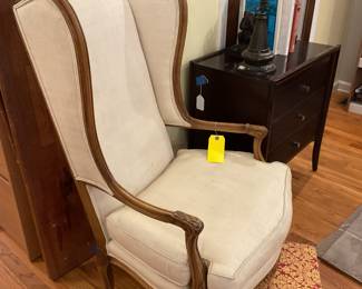 Cream and wood upholstered accent chair 