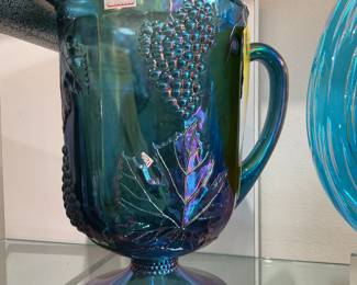 Blue Carnival glass pitcher $56 + tax