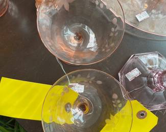 Pink depression glass etched coupes