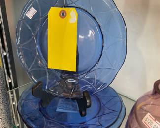 3 Newport blue glass plates $21 + tax