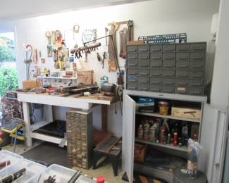 Garage tools and more. Vintage library card cabinet