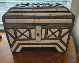 Moroccan traditional camel bone & brass inlaid dowry chest