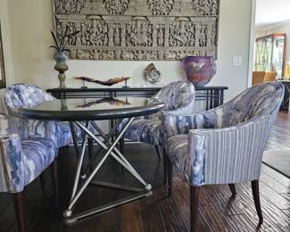 "Dennis & Lean" geometric metal base, black granite round dining / accent table