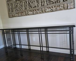 1980's Postmodern steel, black granite top large Console table in the manner of Jean-Michelle Wilmotte, Paris France