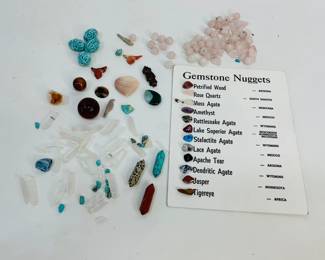 An assortment of various crystals, believed to be quartz. polished cabochon stones and assorted glass and stone beads. Also includes a "Gemstone Nugget" identification chart. See photos for details. Shipping-YES