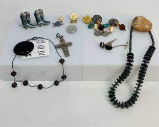 Two (2) tie tacks with agates, 7.60gtw, (1) Hematite beaded necklace, 18" length, (2) pairs clip on earrings and more. See photos for details. Shipping-YES