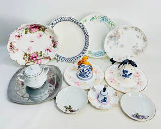 An eclectic assortment of fine china, including plates by Royal Winchester, Haviland & Co., and W. Adams & Sons Brentwood, a 10½" Mason China serving bowl, additional elegant china pieces, and three decorative Delft bells Shipping-NO